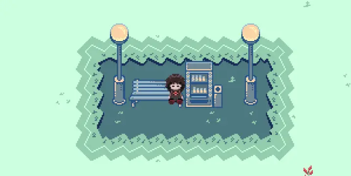 Minnatsuki sitting on a bench in Pale Park, next to a vending machine